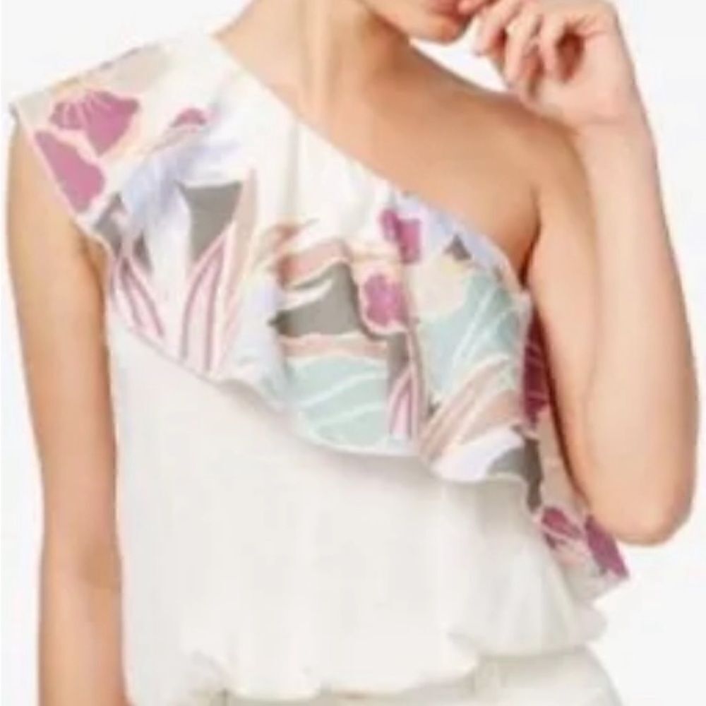 Free People Size S Annka Bubble Ivory Floral Ruffle One Shoulder Top NWT Sz S